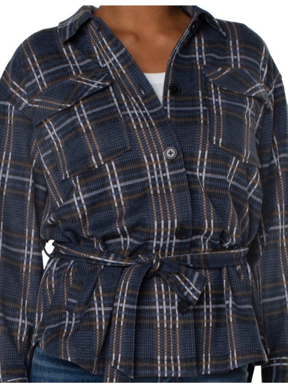 Liverpool Los Angeles Queen Black Plaid Belted Shacket and Pants Set - XL